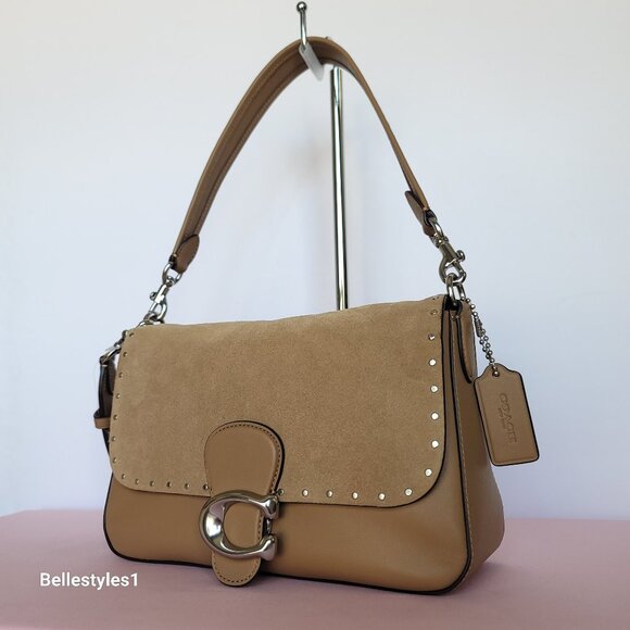 COACH Tabby Soft Suede & Leather Shoulder Bag With Rivets And Tooling- Peanut⭐ - Picture 5 of 16